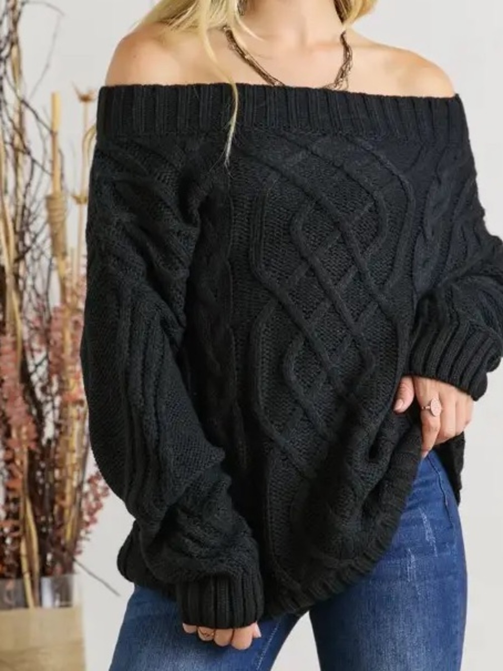 Off-Shoulder Black Cable Knit Sweater